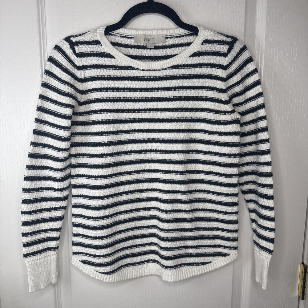 LOFT Womens XS Black White Striped Textured Knit Sweater Crew Neck Breton Preppy